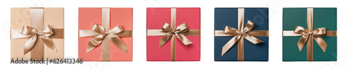 Gift box with gold ribbon on transparent background. Generative AI