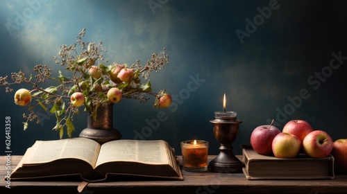 An open book sitting on top of a wooden table. Yom Kipur, Jewish High Holy Days. Yom Kipur, Jewish High Holy Days. photo