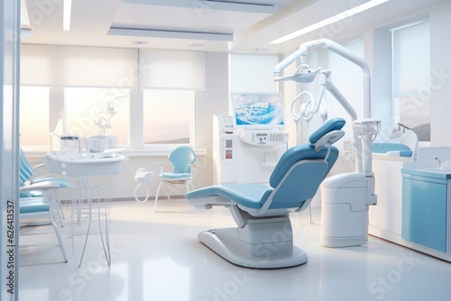 A dentist's office with a blue chair.