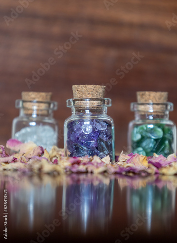 Witchy healing crystal bottles, miniature glass vials apothecary set
