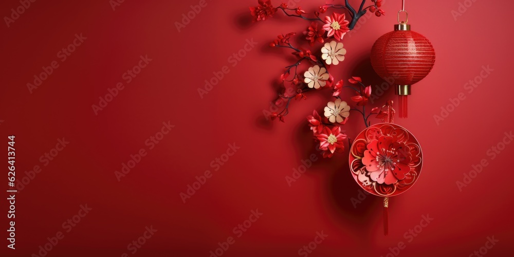 A red wall with a bunch of red and white decorations. Elegant design for Chinese New Year greeting card. Copy space, place for text.