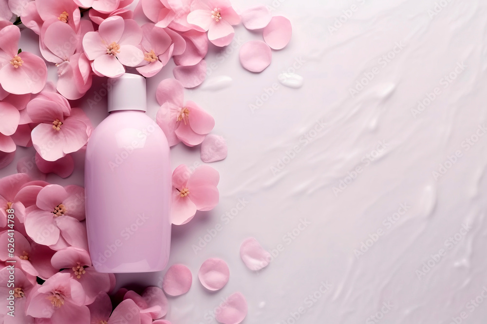 Cosmetic with vitamin and collagen in bottle and sakura flowers. Gentle moisturizing cream or gel texture. Generative ai Cosmetic with vitamin and collagen in bottle and sakura flowers. Gentle moisturizing cream or gel texture. Generative ai