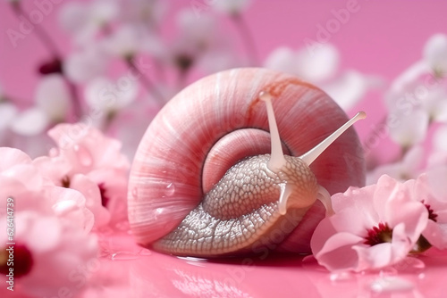 snail slime crawling on pink flowers, cosmetics and body care concept. Generative ai photo