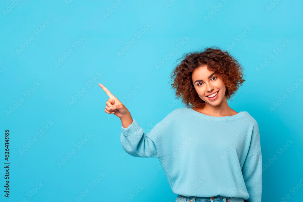 Amazing lady indicating finger on empty discount banner. People, advertisement concept. Generative ai
