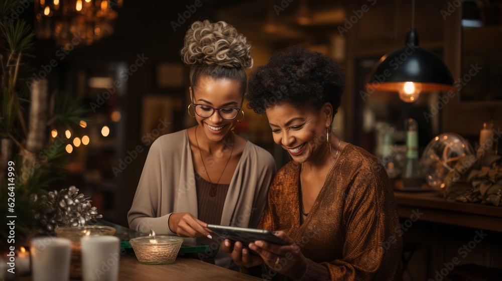 An older woman teaching another woman how to do a tech job on a tablet. Generative AI. 