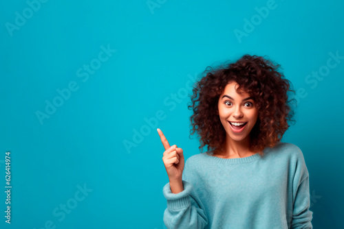 Amazing lady indicating finger on empty discount banner. People, advertisement concept. Generative ai