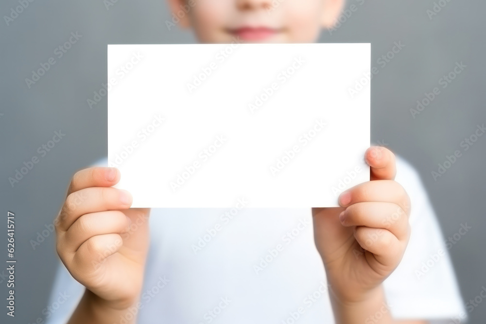 Kid's Hands Holding Blank Horizontal White Card Mockup with Cozy Background, Empty Paper Poster Template, Perfect for Invitations, Greetings Product Presentation. Generative AI Kid's Hands Holding Blank Horizontal White Card Mockup with Cozy Background, Empty Paper Poster Template, Perfect for Invitations, Greetings Product Presentation. Generative AI