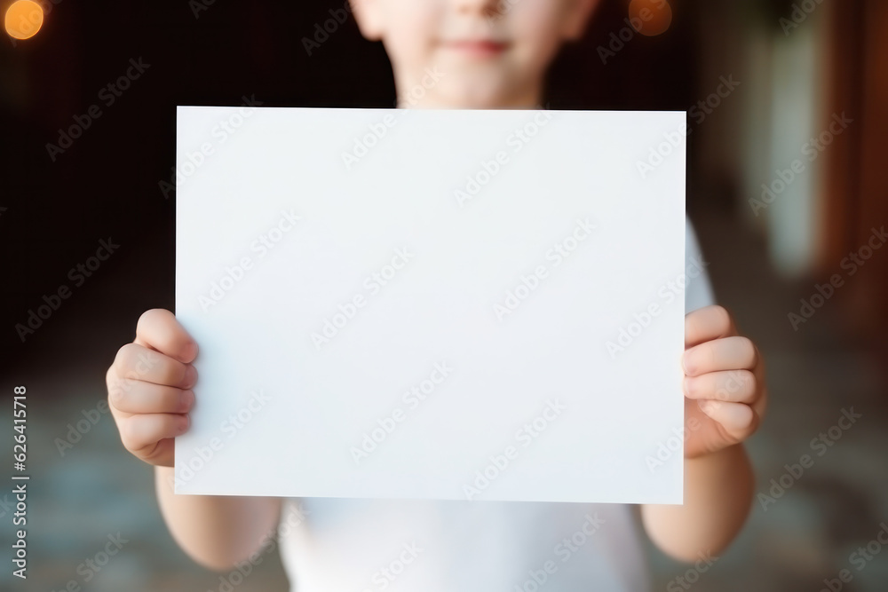 Kid's Hands Holding Blank Horizontal White Card Mockup with Cozy Background, Empty Paper Poster Template, Perfect for Invitations, Greetings Product Presentation. Generative AI