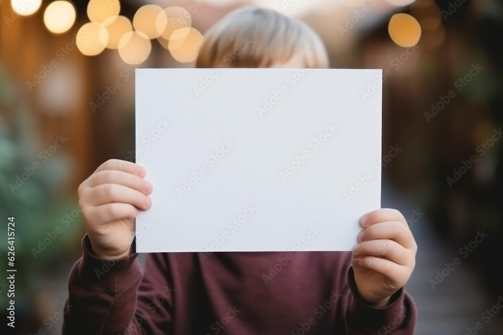 Kid's Hands Holding Blank Horizontal White Card Mockup with Cozy Background, Empty Paper Poster Template, Perfect for Invitations, Greetings Product Presentation. Generative AI Kid's Hands Holding Blank Horizontal White Card Mockup with Cozy Background, Empty Paper Poster Template, Perfect for Invitations, Greetings Product Presentation. Generative AI