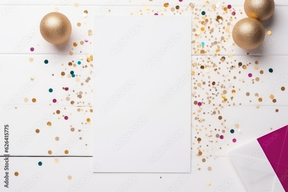 Fototapeta premium Blank Vertical White Card Mockup with Party Balloons and Confetti, Empty Paper Template, Perfect for Invitations and Greetings Product Presentation. Generative AI