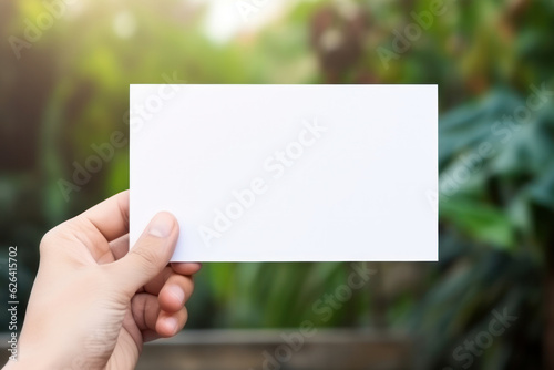 Hand Holding Blank Horizontal White Card Mockup with Nature Background, Empty Paper Poster Template, Perfect for Invitations, Greetings Product Presentation. Generative AI © BussarinK