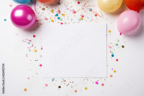 Blank Horizontal White Card Mockup with Party Balloons and Confetti, Empty Paper Template, Perfect for Invitations and Greetings Product Presentation. Generative AI