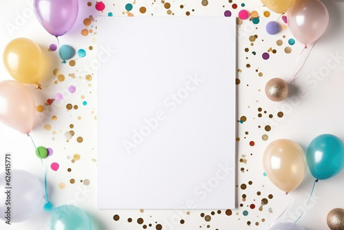 Blank Vertical White Card Mockup with Party Balloons and Confetti, Empty Paper Template, Perfect for Invitations and Greetings Product Presentation. Generative AI