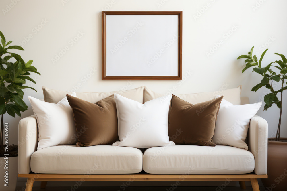 Large Blank Horizontal White Framed Poster Mockup on Living Room Wall, Modern Minimalist Interior Design Style, Cozy Decoration. Generative AI Large Blank Horizontal White Framed Poster Mockup on Living Room Wall, Modern Minimalist Interior Design Style, Cozy Decoration. Generative AI