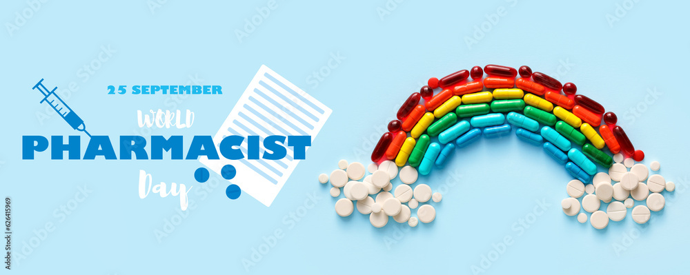 Rainbow made of pills and capsules on color background