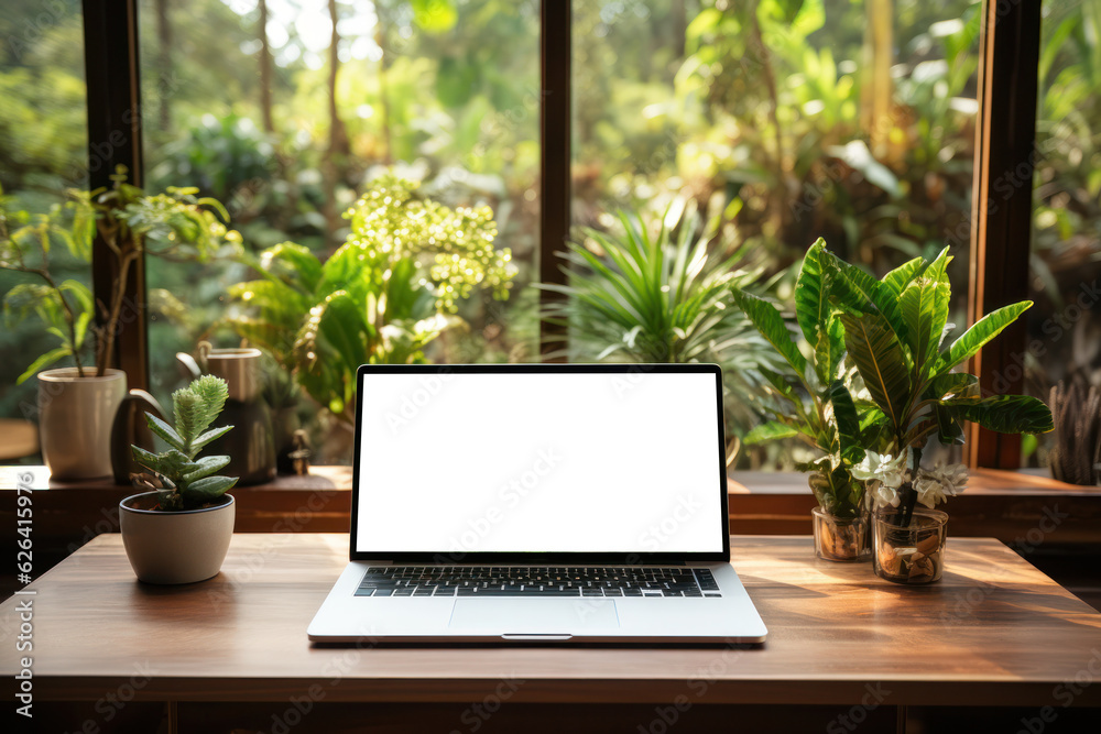 Minimalist Workspace Setup, Blank Screen Laptop Display Mockup on Cozy Desk, Perfect for Showcasing Apps and Websites. Generative AI Minimalist Workspace Setup, Blank Screen Laptop Display Mockup on Cozy Desk, Perfect for Showcasing Apps and Websites. Generative AI