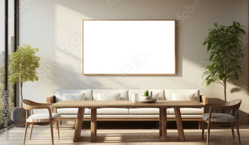 Large Blank Horizontal White Framed Poster Mockup on Living Room Wall, Modern Minimalist Interior Design Style, Cozy Decoration. Generative AI © BussarinK