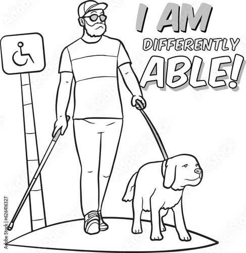 Blind With Dog Disability People Illustration Coloring Page
