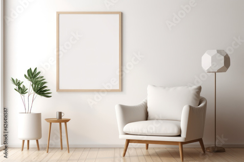 Large Blank Vertical White Framed Poster Mockup on Living Room Wall, Modern Minimalist Interior Design Style, Cozy Decoration. Generative AI