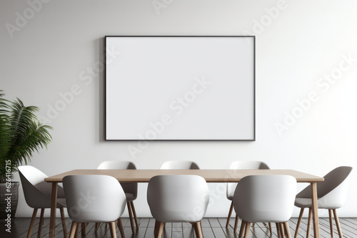 Large Blank Horizontal White Framed Poster Mockup on Office Meeting Room Wall, Modern Minimalist Interior Design Style, Cozy Decoration. Generative AI © BussarinK