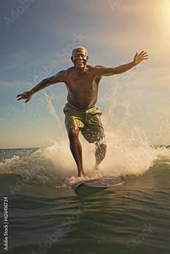An elderly African American is surfing. Active holidays at sea. Generative AI