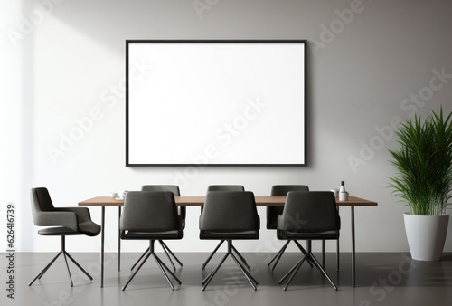 Large Blank Horizontal White Framed Poster Mockup on Office Meeting Room Wall, Modern Minimalist Interior Design Style, Cozy Decoration. Generative AI
