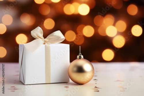 Luxurious Golden Gift Box with Christmas Decorations on Table in Bokeh Background, Perfect for Elegant Celebration. Generative AI