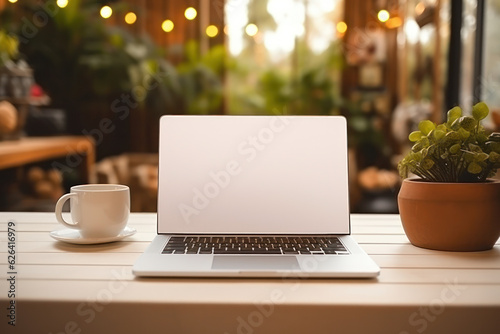 Minimalist Workspace Setup, Blank Screen Laptop Display Mockup on Cozy Desk, Perfect for Showcasing Apps and Websites. Generative AI