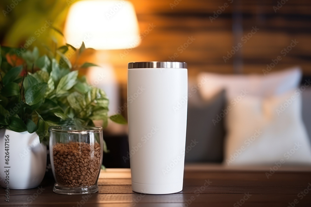 Blank White Tumbler Mockup, Empty Drinkware Template for Custom Design Display on Cozy Christmas Background. Generative AI Blank White Tumbler Mockup, Empty Drinkware Template for Custom Design Display on Cozy Christmas Background. Generative AI