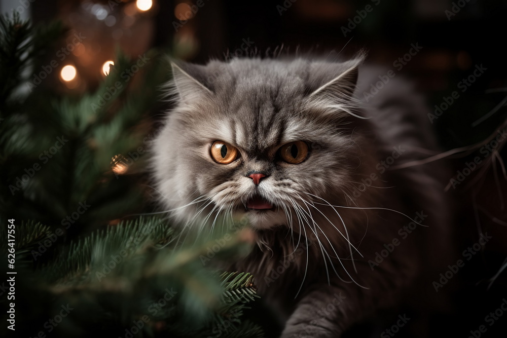 Angry cat at Christmas tree background