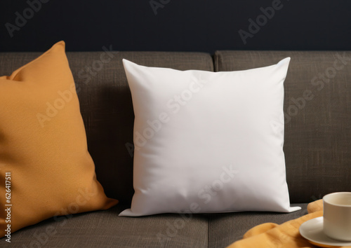 Close-up Minimalist White Blank Pillow Mockup on Sofa, Empty Cushion, Cozy Living room Vibes for Stylish Home Decor. Generative AI