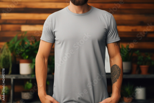 Blank Gray T-Shirt Mockup on Male Model, Empty Shirt Template for Fashion Display. Generative AI