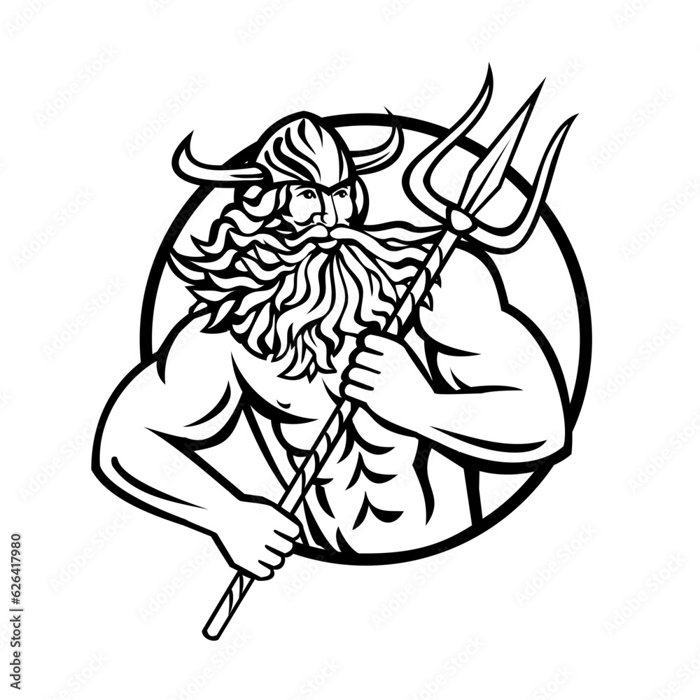 Mascot illustration of Aegir, Hler or Gymir God of the sea in Norse mythology with trident viewed from front set inside circle on isolated background in retro style. Mascot illustration of Aegir, Hler or Gymir God of the sea in Norse mythology with trident viewed from front set inside circle on isolated background in retro style.