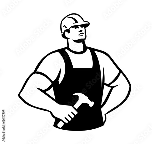 Retro style illustration of a carpenter handyman holding a claw hammer looking up viewed from front on isolated background done in black and white.