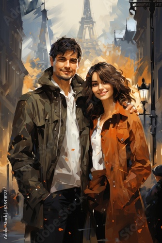 A painting of a man and a woman standing next to each other. Digital image. Romantic European town on a rainy day in Autumn.