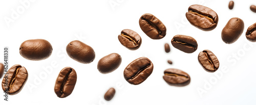 Coffee beans in flight on white background. Flying coffee grains. Applicable for cafe advertising, package, menu design. digital ai