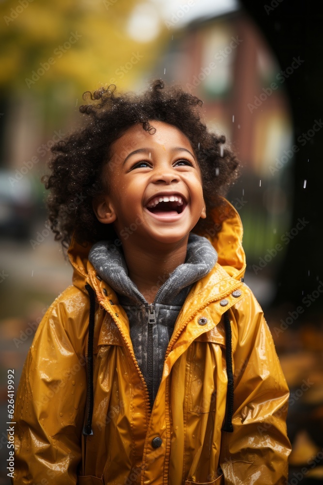 A happy African American kid playing in the rain. Generative AI. A happy African American kid playing in the rain. Generative AI.