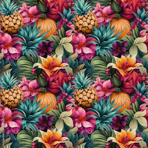 Seamless pattern with tropical flowers and pineapples. Vector illustration. Tile © lebanmax