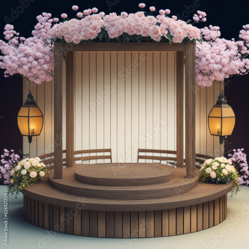 Round Wooden Podium with Lanterns and Chrysanthemum Background