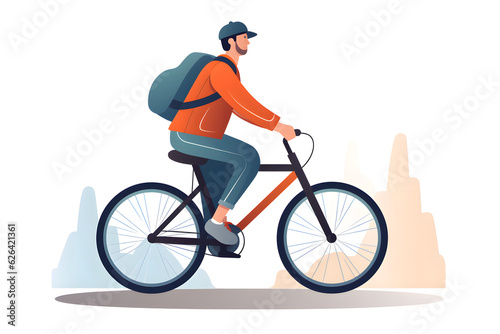 a man in an orange jacket and a backpack riding a bike