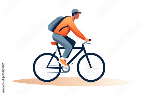 a man rides a bicycle with a backpack on his back