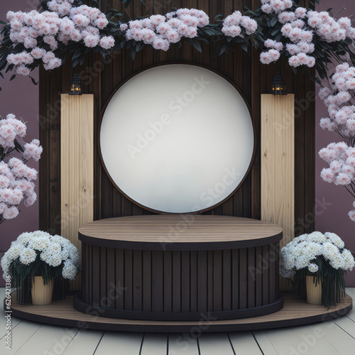 Round Wooden Podium with Lanterns and Chrysanthemum Background