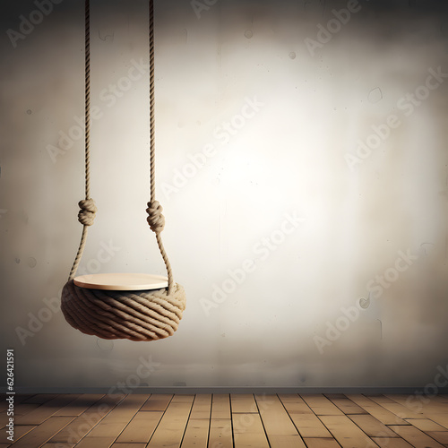 an empty wooden swing in the middle of a room © 文广 张