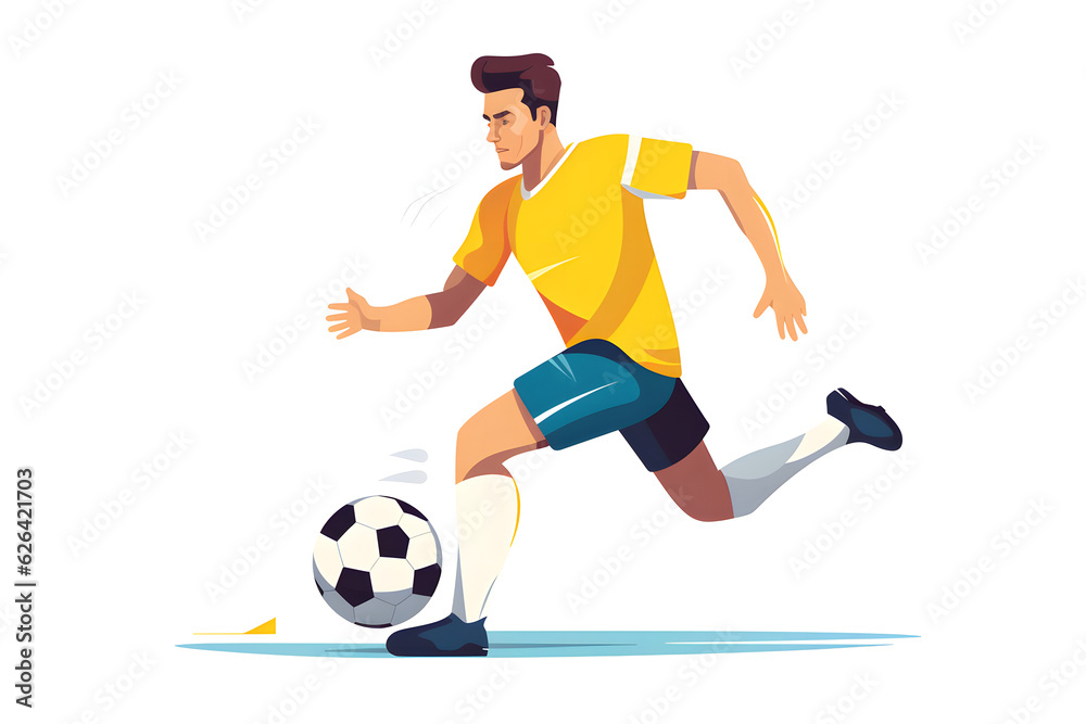 a young man wearing a yellow shirt kicking a soccer ball