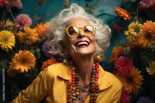 Happy old woman in sunflowers. Portrait with selective focus and copy space