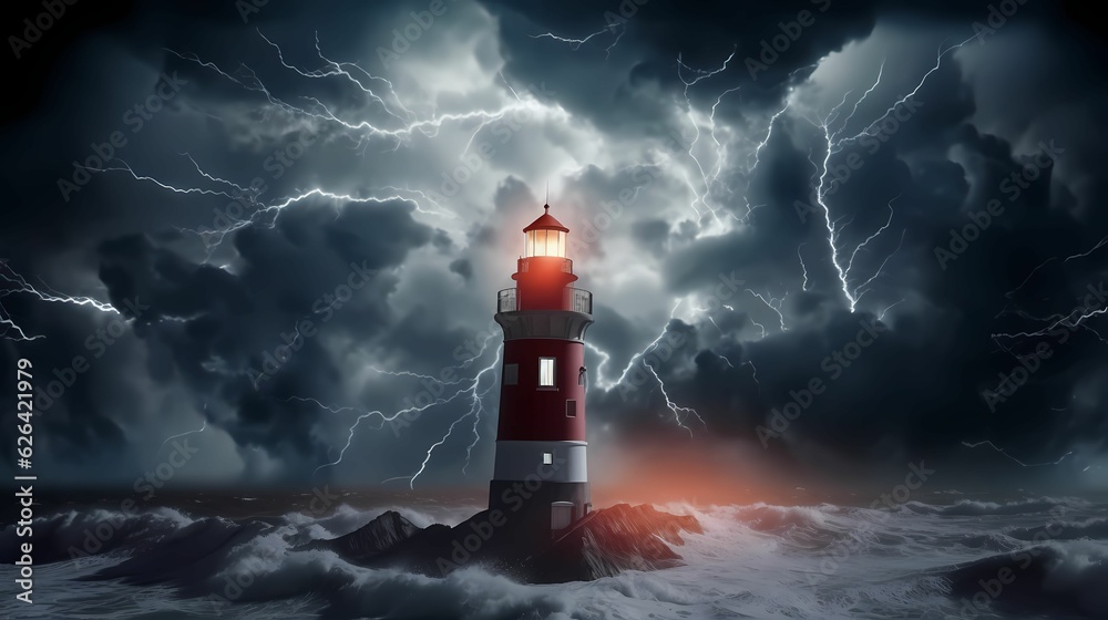 Lighthouse in the middle of a storm on the sea with lightning in the dark sky