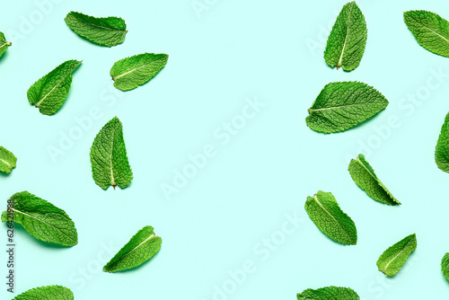 Composition with fresh mint leaves on color background © Pixel-Shot