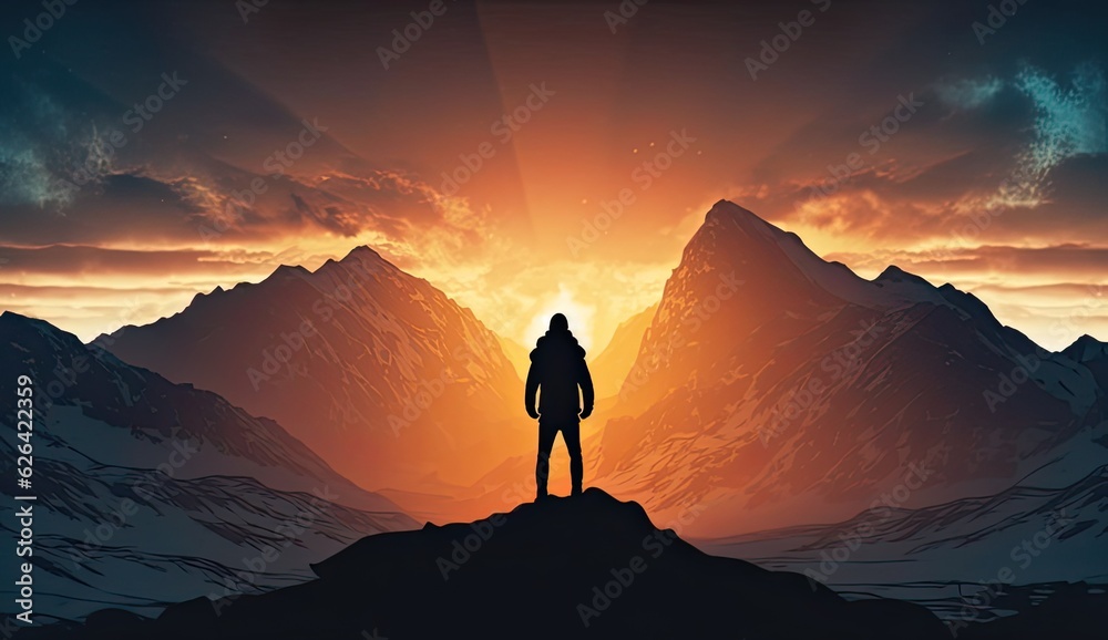 Silhouette of business male stand and feel happy on the most hight at the mountain on sunset, success, leader, teamwork, target, Aim, confident, achievement, goal, on plan, finish, generate by AI