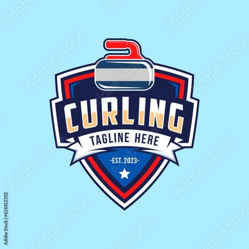 Logo for curling sport team. Curling sport with stone, competition badge and label, vector illustration