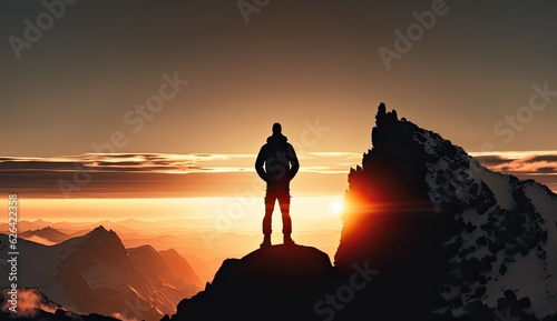 Silhouette of business male stand and feel happy on the most hight at the mountain on sunset, success, leader, teamwork, target, Aim, confident, achievement, goal, on plan, finish, generate by AI © pinkrabbit